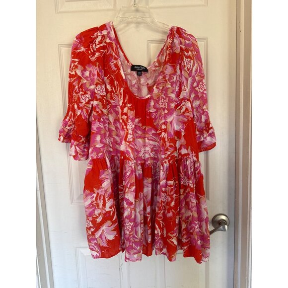 Arna York Collection Red Floral Scoop Neck Short Sleeve Blouse 22/24 - Picture 1 of 5